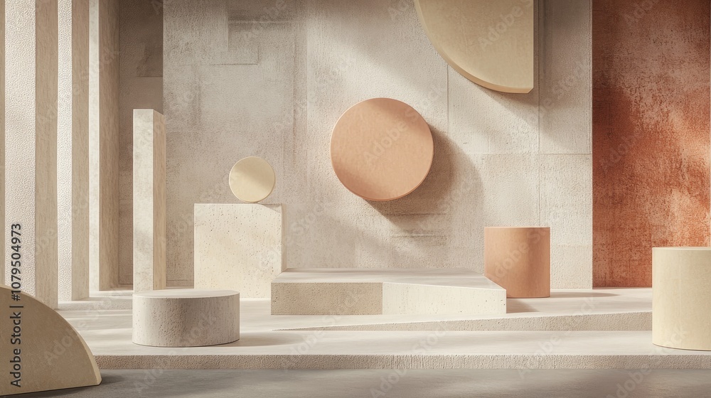 Aufkleber 3d rendering of a themed background showcasing diverse shapes with a floating concept exhibition sce