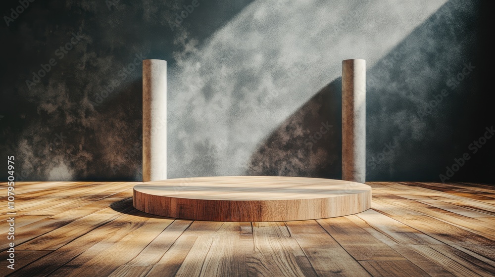 Poster Wooden parquet podium platform in a studio setting Background features a round pedestal and square frame with two cylindrical blocks emphasizing an abstract minimalistic concept and luxurious mock