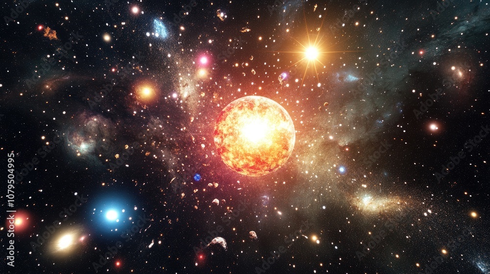 Poster 3D cartoon rendering featuring stars in a galaxy set in open space