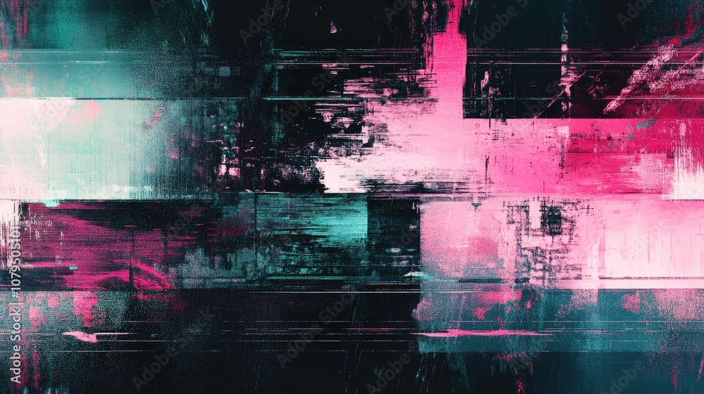 Poster abstract digital glitch art background featuring mint pink and black hues with intertwining distorti