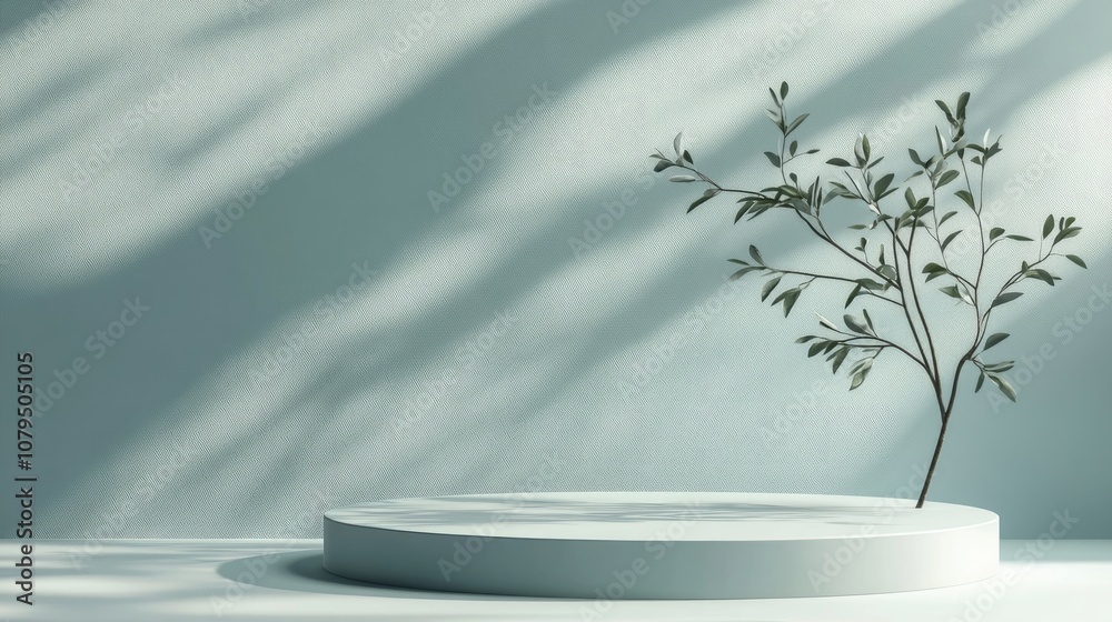 Leinwandbilder Podium display on a soft pastel background Abstract geometric arrangement featuring a branch and its shadow on the surface 3D rendering Template for exhibitions presentations and branding in the h