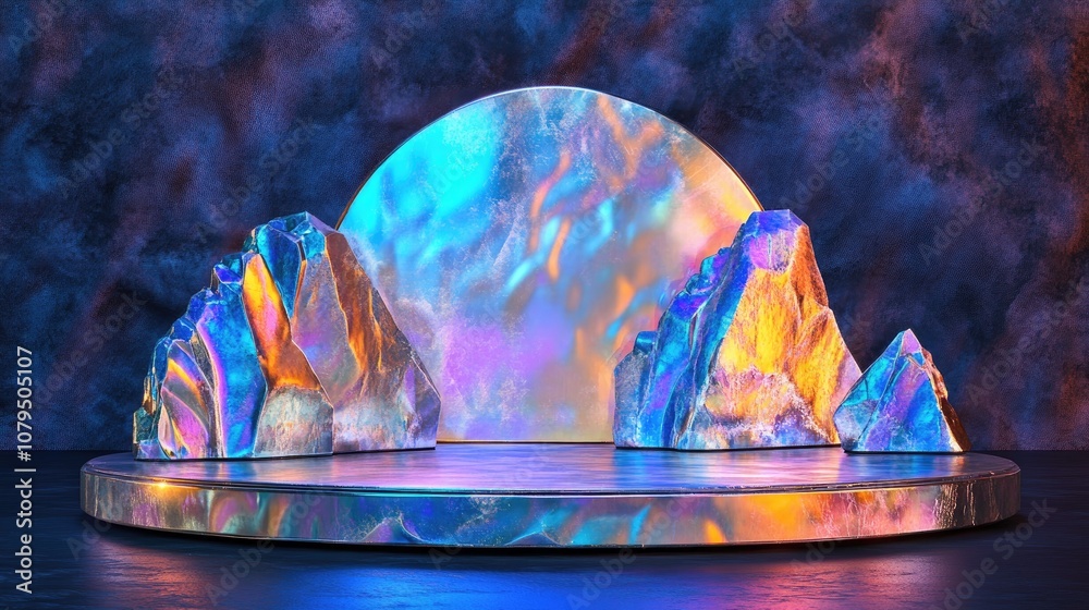 Poster stylish fashion podium backdrop for showcasing products featuring an abstract iridescent gemstone 3d