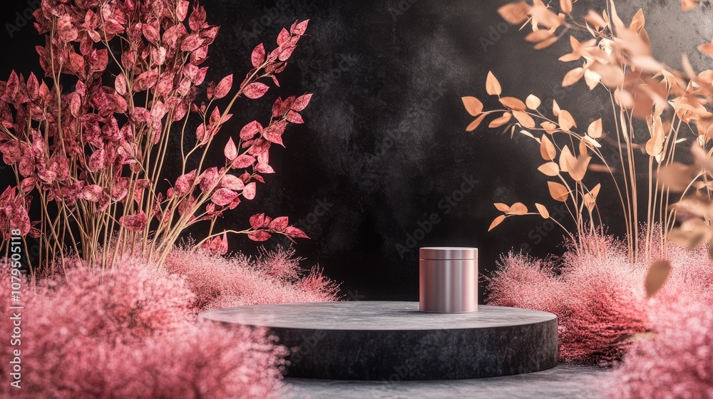 Poster 3d autumn themed scene featuring a beautiful podium with an empty cylinder stand for product promoti