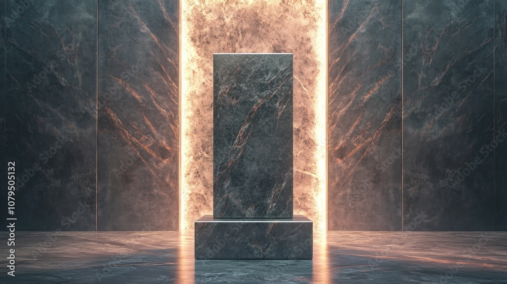 Aufkleber Stone award pedestal with illuminated background 3D object rendering