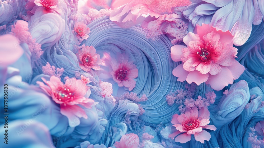 Aufkleber Abstract fractal patterns and shapes in a 3D cartoon rendering Dynamic flowing natural forms featuring flowers and spirals creating a mysterious psychedelic relaxation pattern