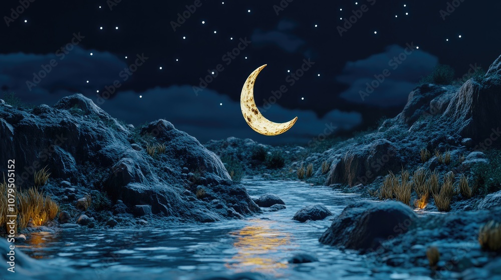 Poster half moon on a night depicted in 3d cartoon rendering