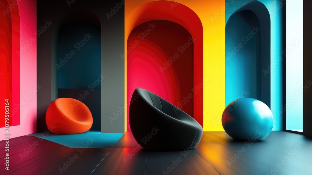 Poster dynamic interior featuring smooth black and colored gradient objects 3d illustration and rendering