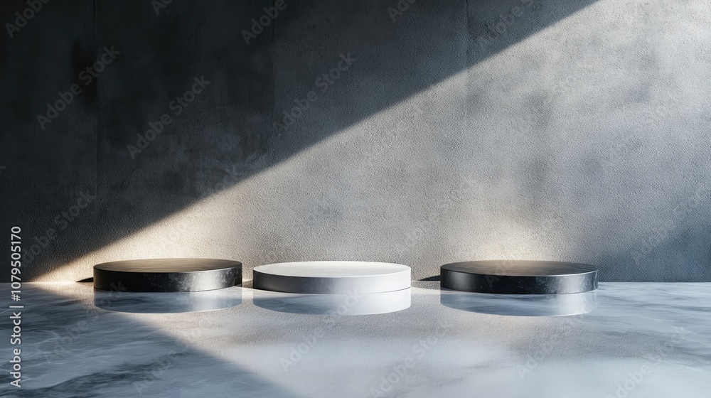 Aufkleber 3d podiums on a reflective surface designed for product displays with studio lighting on a marble fl