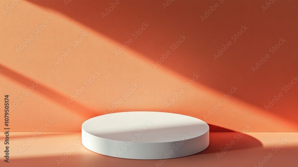 Aufkleber minimalistic geometric display on a pure white podium against an orange backdrop featuring soft shad