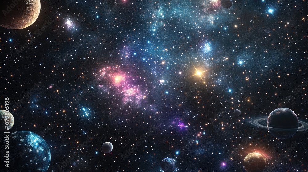 Poster 2D illustration featuring a 3D cartoon rendering A realistic star pattern background in deep interstellar space with bright flashing stars planets and moons Various creative science fiction backdr