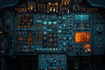 Nighttime flight operations airplane cockpit instrument panel dark environment close-up view aviation control