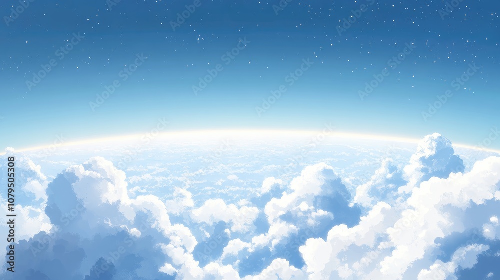 Poster cartoon rendering in 3d depicting cloudy skies a horizon and an infinite atmosphere