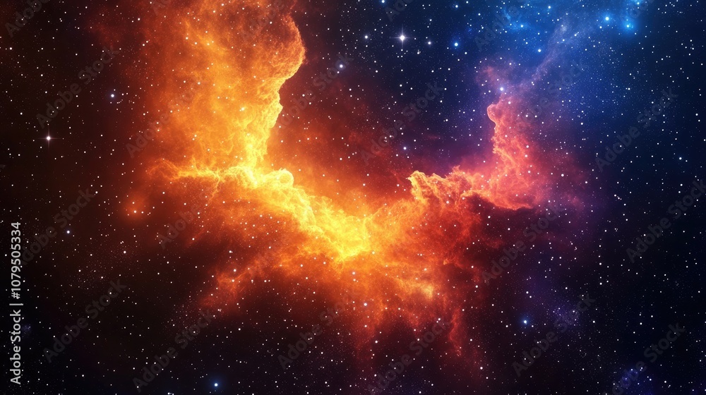Poster Cosmic space and stars depicted in a 3D cartoon rendering featuring a colorful abstract background with fire effects