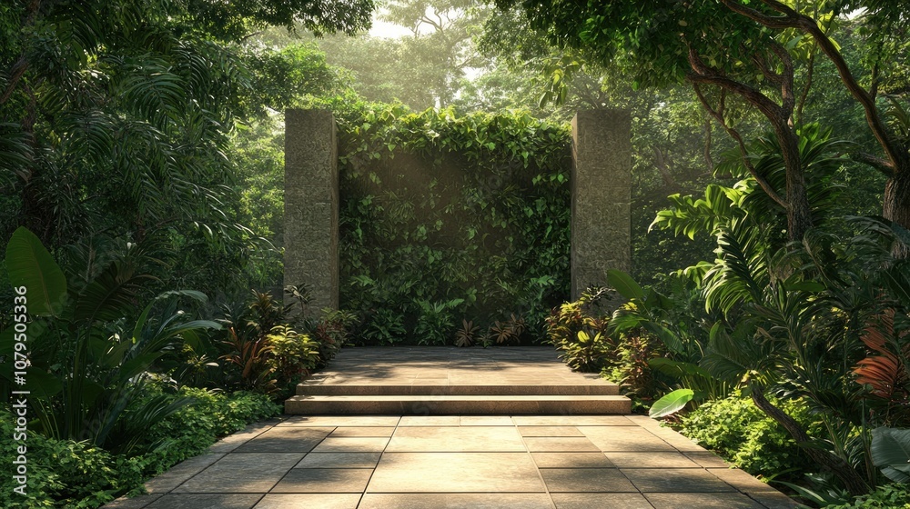 Aufkleber 3D rendering of a stone platform surrounded by a tropical forest designed for product displays and featuring a lush green wall