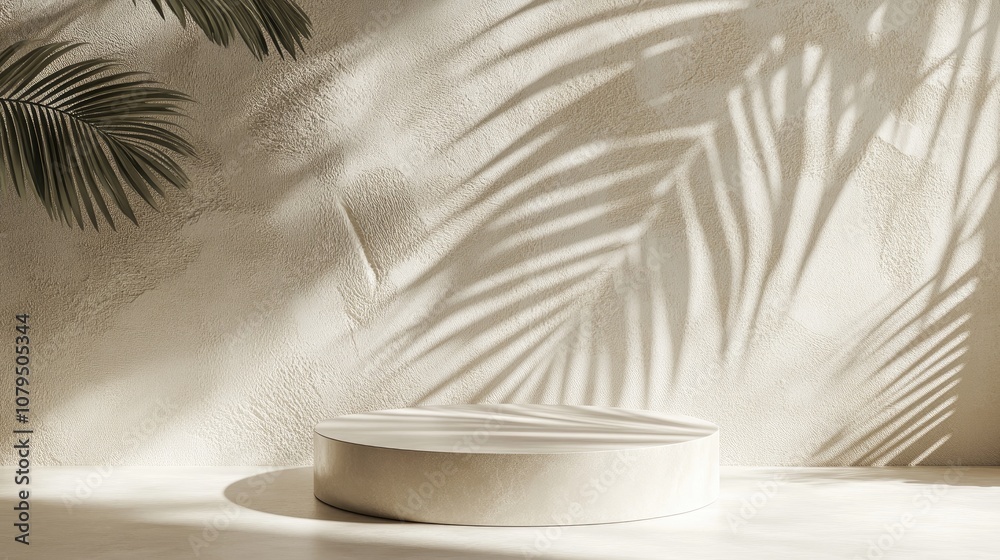 Aufkleber Minimalistic modern product showcase on a textured beige backdrop featuring shadows of palm leaves with 3D rendered podium for object placement