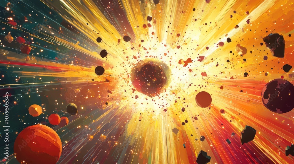 Aufkleber Spectacular multicolored illustration featuring particles and rays showcasing abstract forms and planets related to science captured in a 3D cartoon rendering An explosion of stars in space