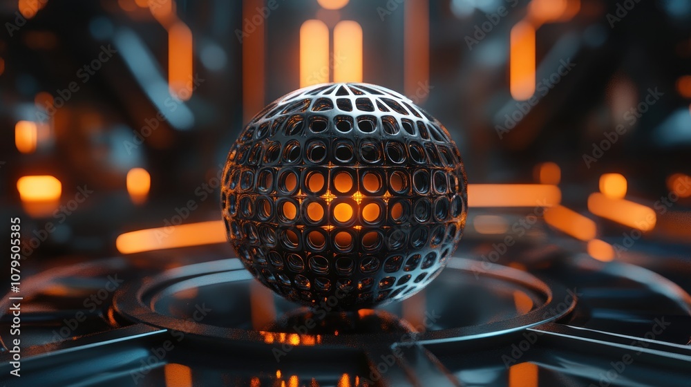 Poster abstract 3d rendering of a metallic sphere featuring a smooth lattice design set against a sci fi ba