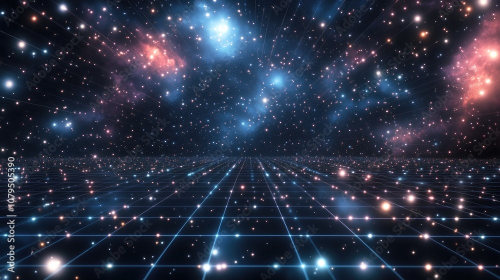 Aufkleber Abstract landscape featuring a starry outer space texture with a 3D cartoon rendering of a cyberspace grid and hi tech network on a dark background