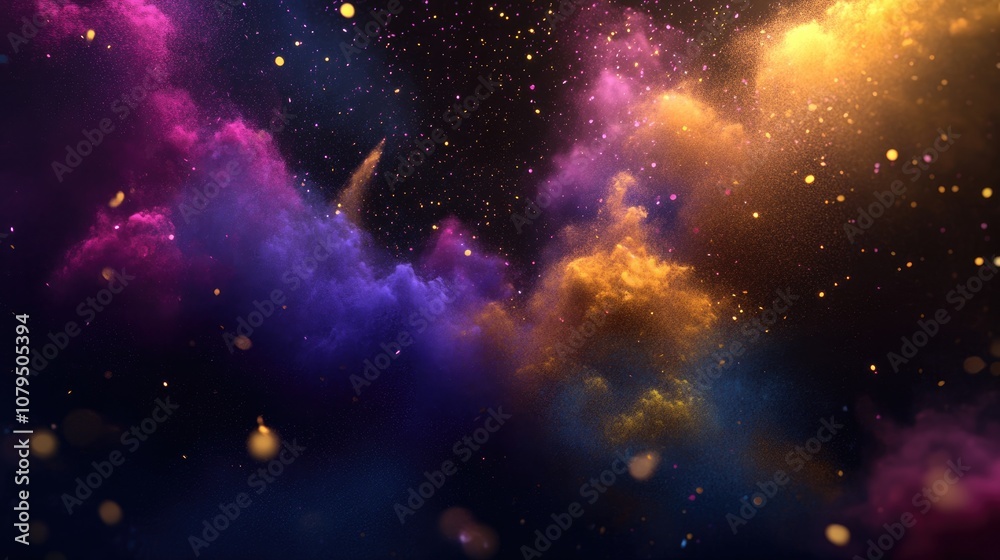 Poster animated 3d depiction of a powder explosion on a dark background featuring vibrant clouds of colorfu