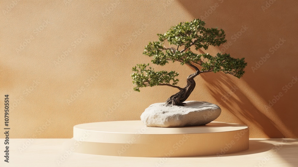 Poster Minimalist abstract background featuring a podium and a bonsai tree against a brown backdrop ideal for product display 3D rendering illustration