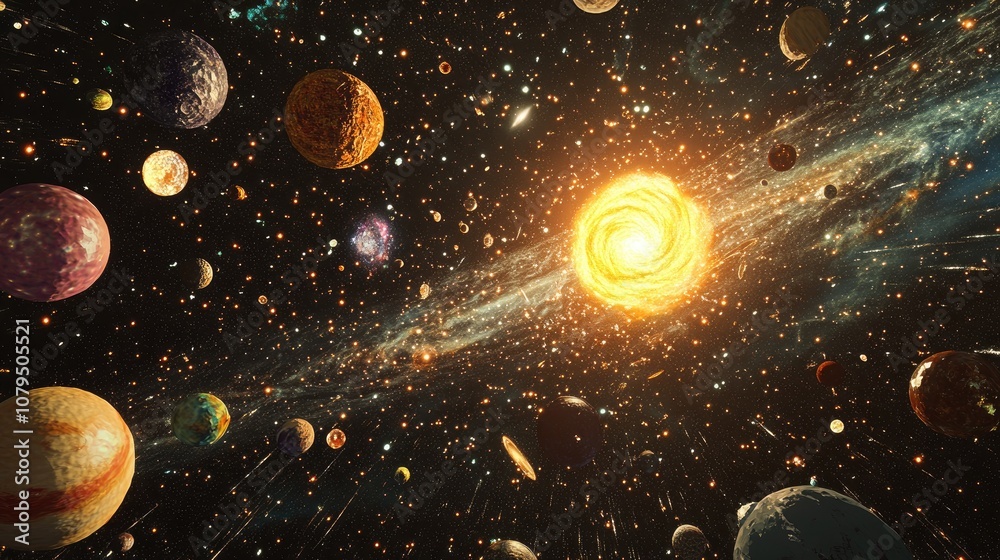 Aufkleber Nebula and galaxies in space depicted in 3D cartoon rendering