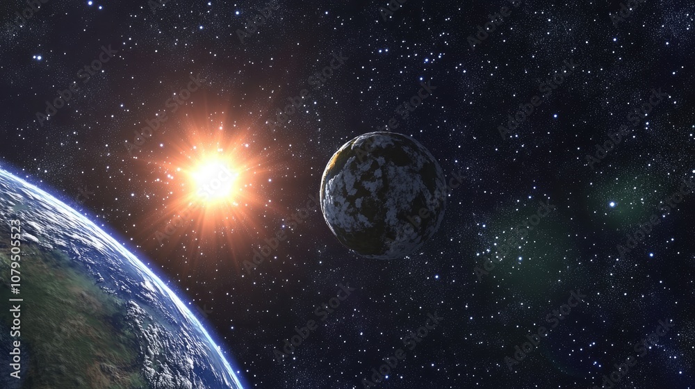 Poster 3d cartoon rendering depicting an outer space scene with starfield light years away from earth