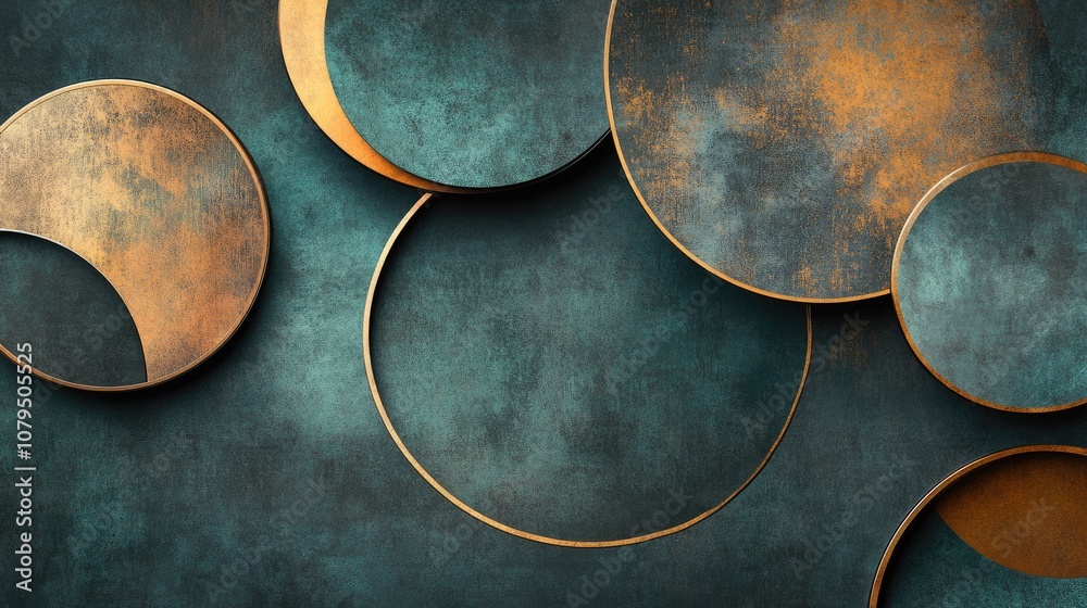 Poster abstract overlapping circles with metallic finishes in copper brass and bronze on a dark teal backdr