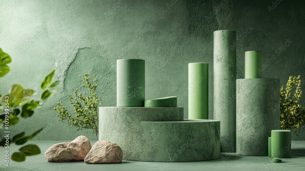 Aufkleber green pedestal display featuring cylinders and rocks alongside a box stand concept podium designed f