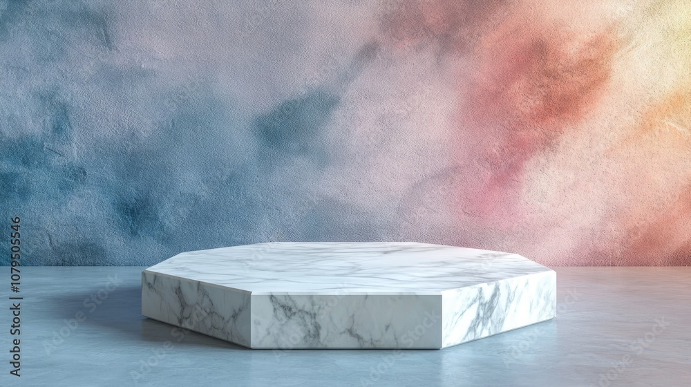 Aufkleber 3D rendered octagonal white marble podium on the floor featuring geometric shapes suitable for product presentation and mock up against an abstract pastel background