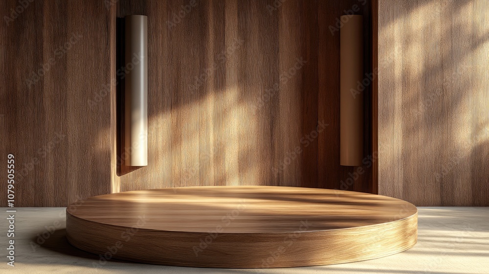 Poster Wooden parquet podium platform in a studio setting Background features a round pedestal and square frame with two cylindrical blocks emphasizing an abstract minimalistic concept and luxurious mock