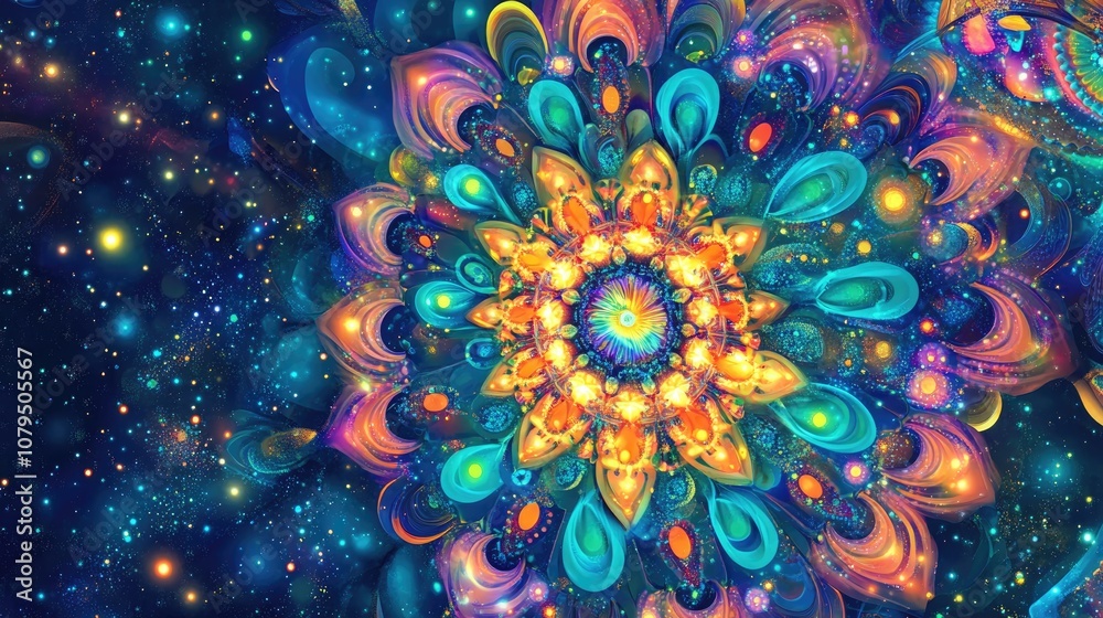 Poster Colorful glowing space mandala a computer generated abstract background in 3D cartoon rendering
