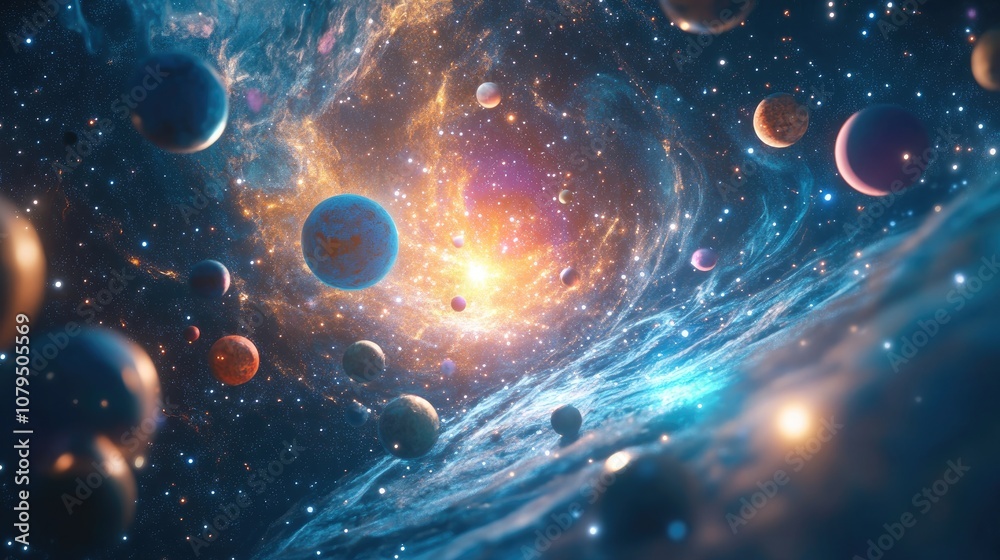 Poster abstract illustration of universe bodies in 3d cartoon rendering