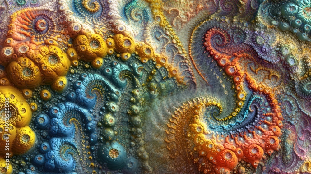 Poster Abstract fractal patterns and shapes depicted in a 3D cartoon rendering Infinite universe with a mysterious psychedelic relaxation pattern Dynamic flowing natural forms and sacred geometry featuri