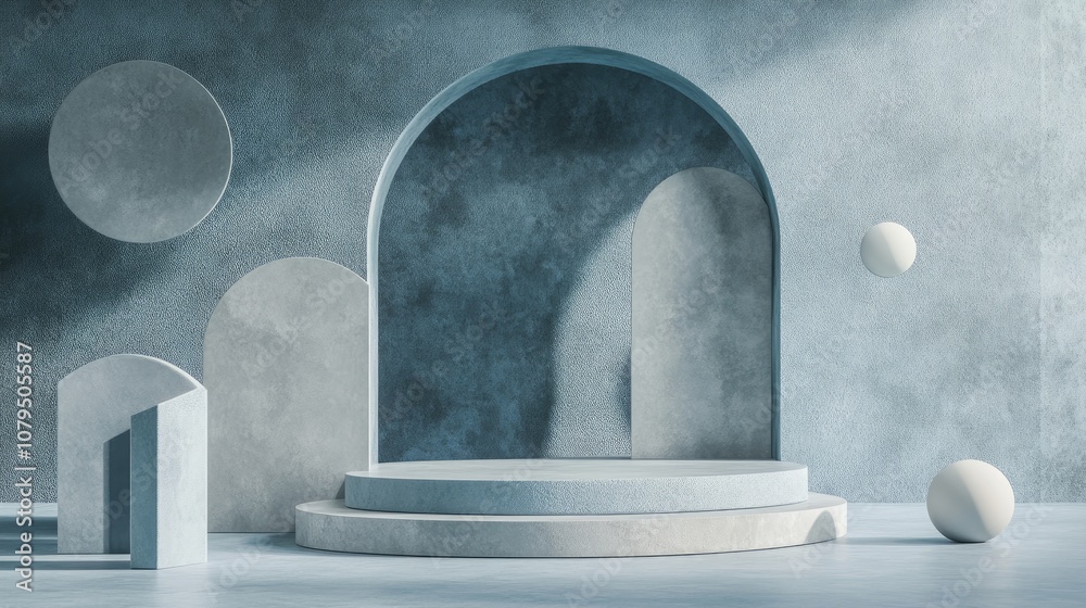 Poster minimalist abstract mockup of geometric podium with soft blue hues featuring a composition of shapes