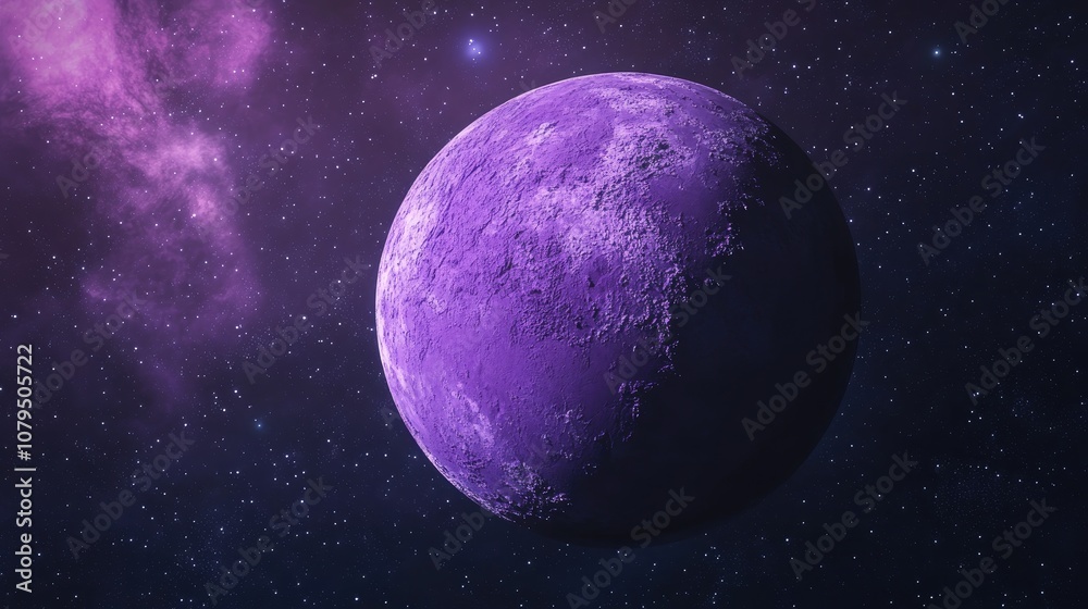 Poster Violet planet with a solid surface and craters in space featuring a beautiful cosmic background and a view from space in a 3D cartoon rendering