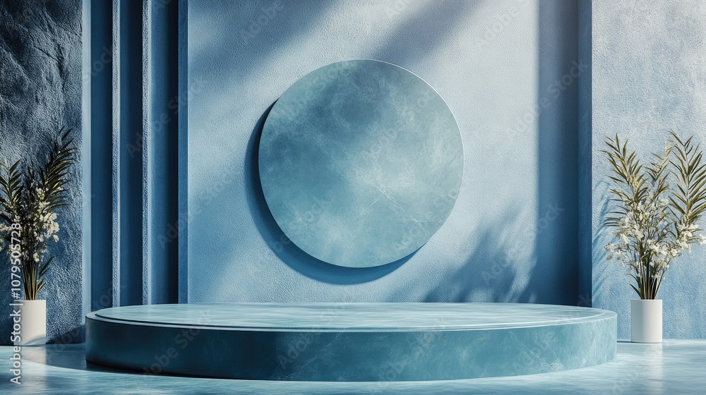 Leinwandbilder minimalist blue podium for product display against a backdrop featuring 3d rendering of geometric sh