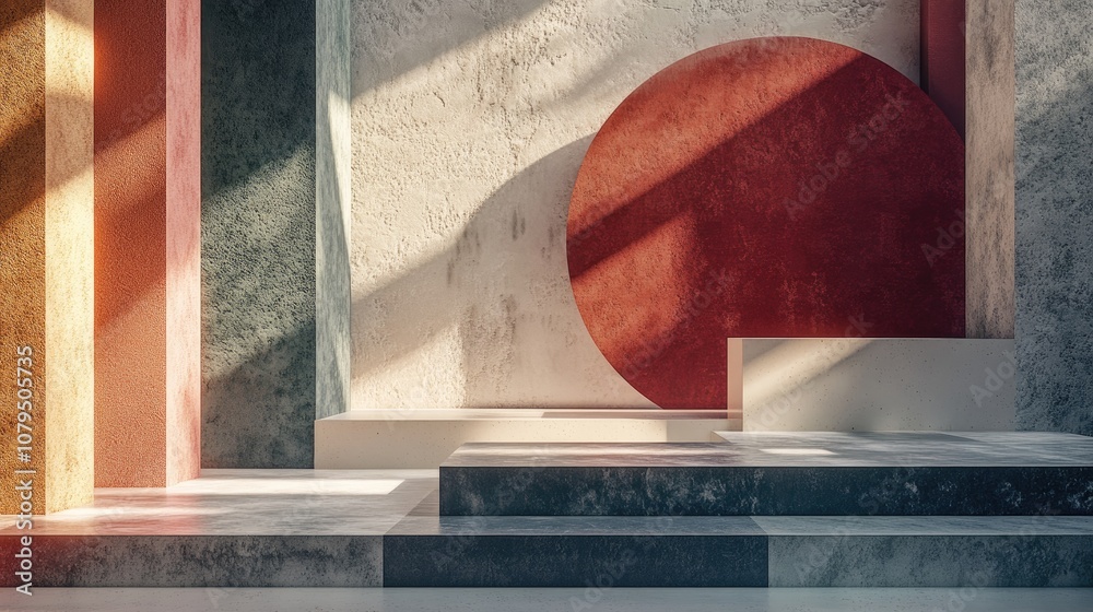 Leinwandbilder Podium or platform in an abstract setting Minimalistic scene featuring a podium alongside geometric shapes 3D rendering illustration of abstract geometry