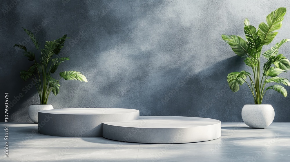 Fototapete 3D rendering studio featuring geometric shapes and a podium on the floor Platforms designed for product presentation with a mock up background Abstract composition in a minimalist style