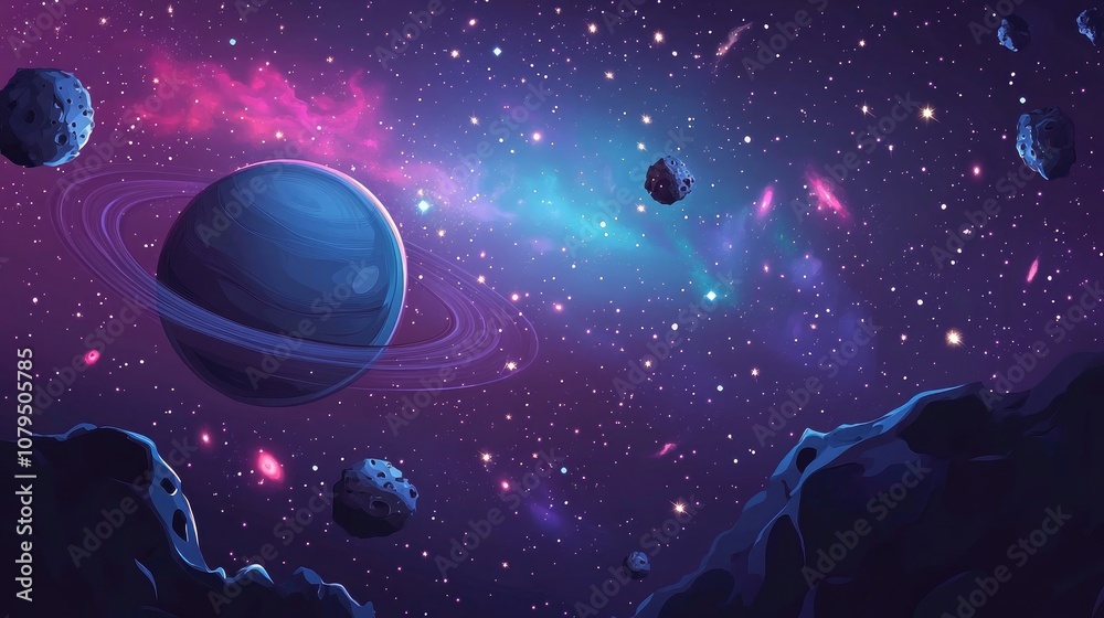 Poster Colorful fractal nebula with asteroids planetary ring and star field in a 3D cartoon rendering of a space background Digital illustration