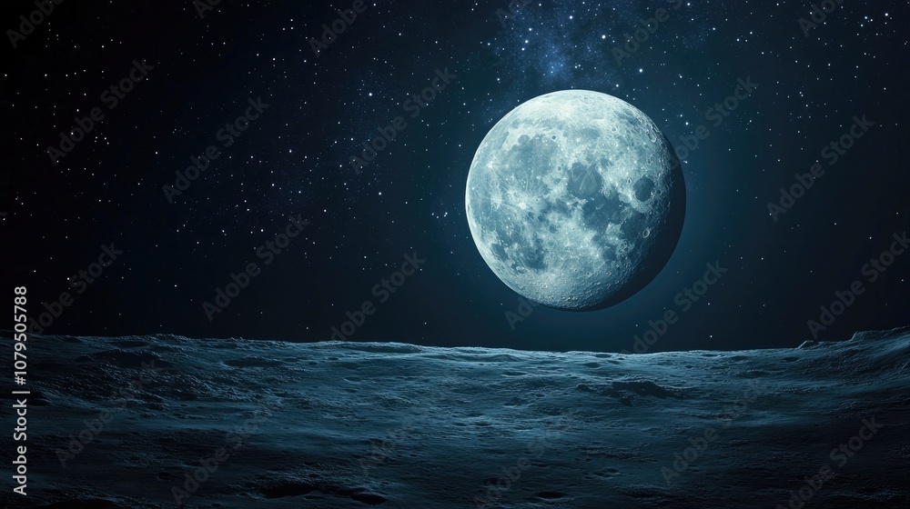 Poster Half Moon Background in a 3D cartoon rendering Realistic moon The Moon orbits planet Earth as its only permanent natural satellite