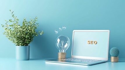 SEO relevance concept. A modern workspace featuring a laptop with "SEO" text, a lightbulb, and plants against a teal background for a fresh, innovative feel.