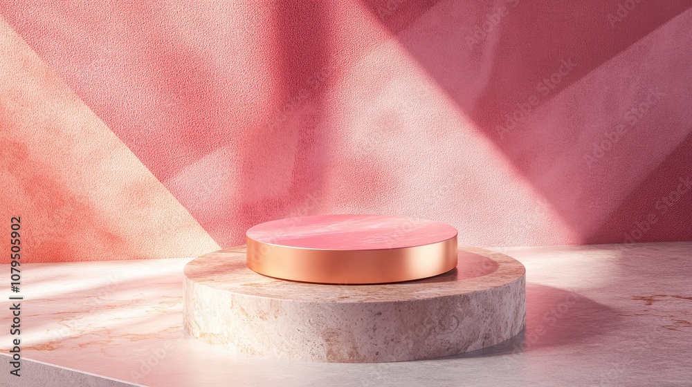 Poster Rose gold and pink cylindrical pedestal 3D rendering of a platform with a minimalistic stage and abstract geometric background