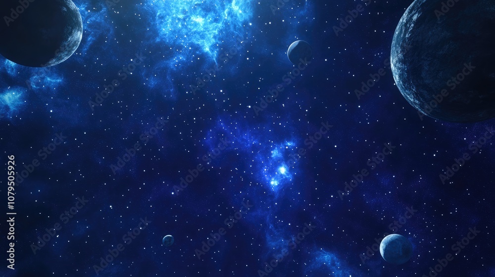 Poster 2d illustration featuring a 3d cartoon rendering of bright stars planets and moons in a deep vast sp