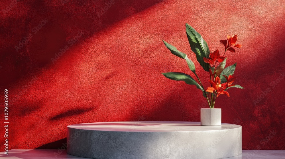 Poster 3d abstract background in traditional style featuring a product podium mockup on a vibrant red backd
