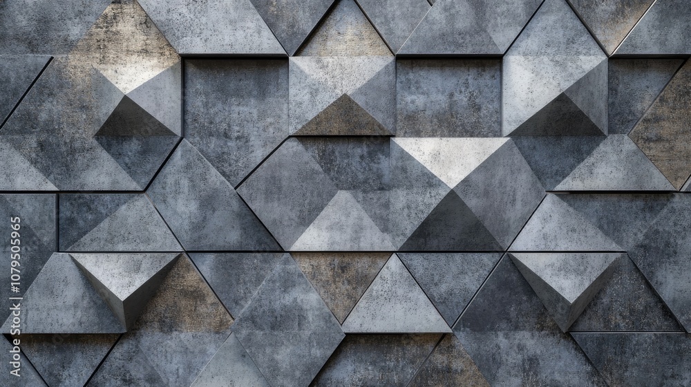 Poster Abstract gray triangular cement mosaic tiles featuring geometric hexagons and triangles creating a textured background suitable for walls or wallpapers