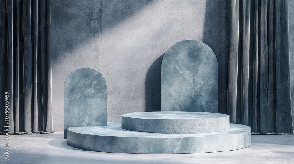 Aufkleber Minimalist Blue Podium for product display against a backdrop featuring 3D rendering of geometric shapes ideal for showcasing awards in a contemporary setting