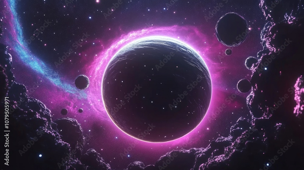Poster black hole with galaxy in 3d cartoon rendering
