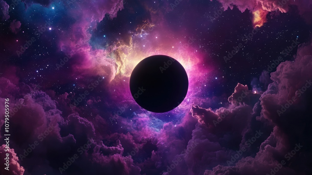 Poster 3d illustration featuring a black hole surrounded by colorful stars and cloud fields showcasing a ne