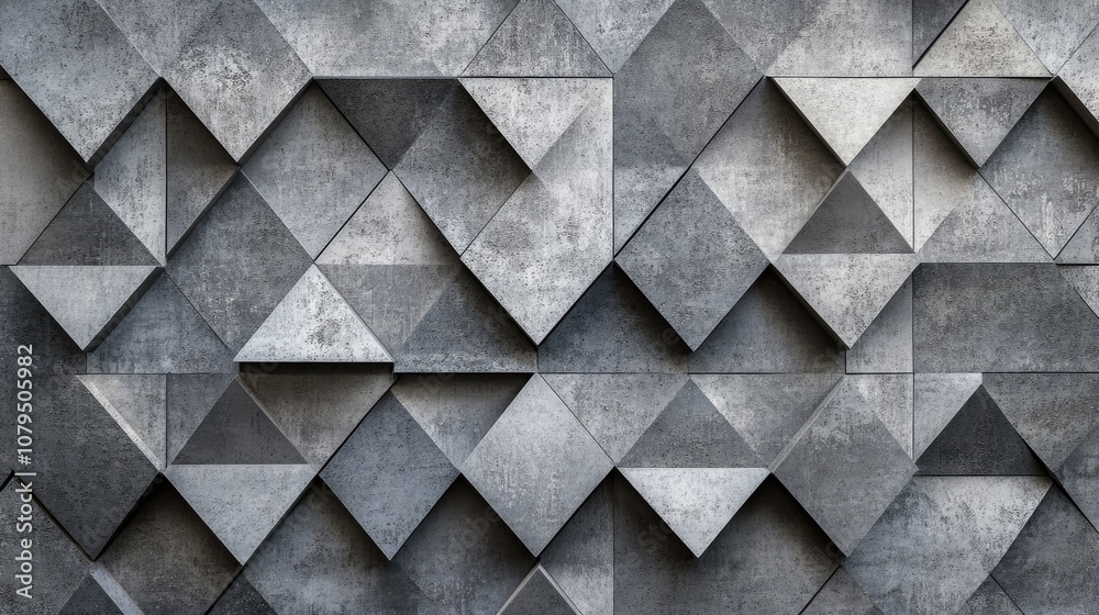 Poster Abstract gray triangular cement mosaic tiles featuring geometric hexagons and triangles creating a textured background suitable for walls or wallpapers