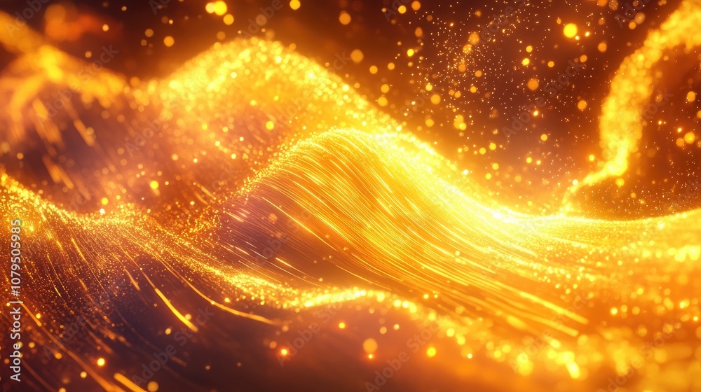 Poster Futuristic magical glowing bright yellow and orange energy cosmic dust with wave lines in a 3D cartoon rendering Abstract background